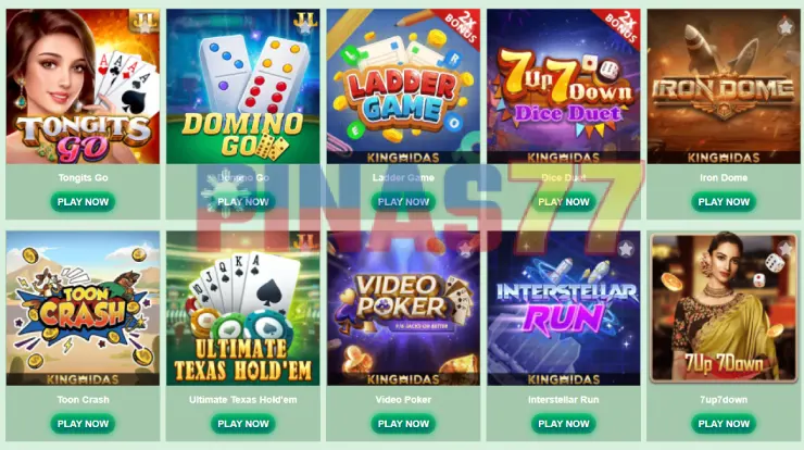 Pinas77 gameplay interface showing casino lobby organization and featured categories
